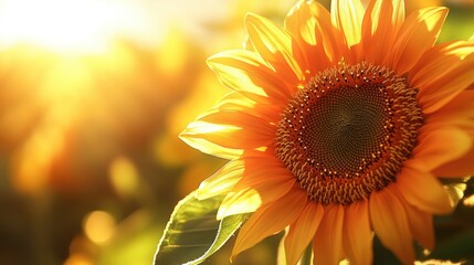 Fototapeta premium Close-up of a vibrant sunflower in full bloom, with petals glowing under sunlight.