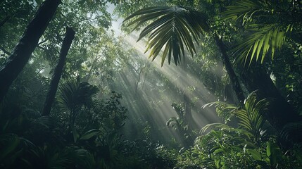 Obraz premium Sunlight filters through dense tropical rainforest foliage in the early morning, creating a serene atmosphere