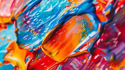 Swirling layers of vibrant paint in red, blue, yellow, and orange create a mesmerizing, abstract...