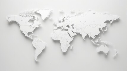 Mapa Mundi branco com relevo e sombras, fundo branco.