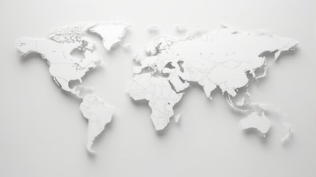 Mapa Mundi branco com relevo e sombras, fundo branco.