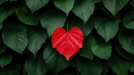 One Red Leaf Among Green Leaves