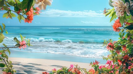 A tropical beach scene framed by vibrant flowers, showcasing the serene ocean and a clear blue sky, ideal for relaxation and escape.