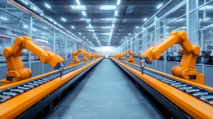 Naklejka premium A row of industrial robotic arms working on an assembly line in a modern factory.