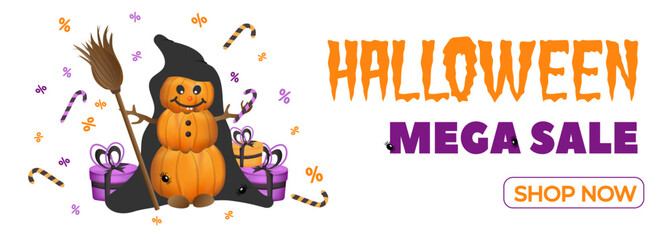 Happy Halloween sale banner, flyer on white background with candy, gifts and spiders on pumpkin man.
