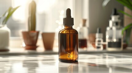 An amber-colored glass bottle with a dropper, placed on a sunlit surface, covered by blur houseplants, evoking a serene apothecary vibe and natural wellness.