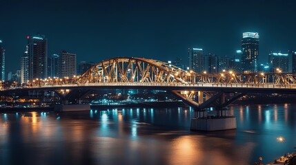 Naklejka premium Illuminated city bridge at night over a calm river with city skyline in the background