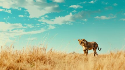 Naklejka premium A lion stands majestically in a golden field under a bright blue sky, embodying the wild beauty of the savannah.