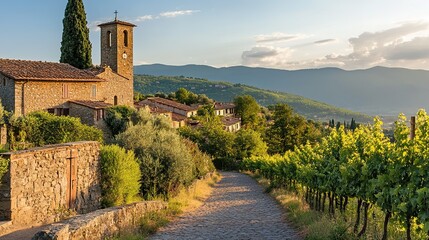 Charming stone village in Tuscany with vineyards under a golden sunset, showcasing rustic architecture and lush landscape