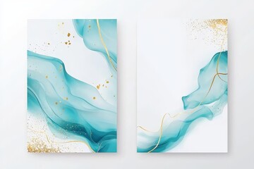 Liquid watercolor background in turquoise and mint colors with gold stains and dots. Hand drawn turquoise fluid alcohol ink drawing effect. Illustration template for modern design.