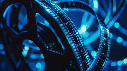 technology film reel background, close up of a blue and white projector