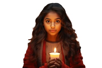 Young Indian Girl Holding Illuminated Candle in Warm Clothes Photo on Png Background. Fictional Characters Created By Generative AI.