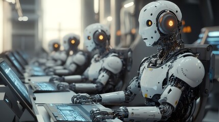 Fototapeta premium A row of robots are working on computers. They are white and have a mechanical design. They have yellow eyes.
