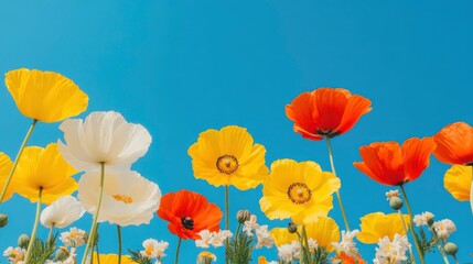 Obraz premium Colorful Poppy Flowers Against a Bright Blue Sky