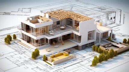 Fototapeta premium vision of architecture of a 3d model house project with blueprint