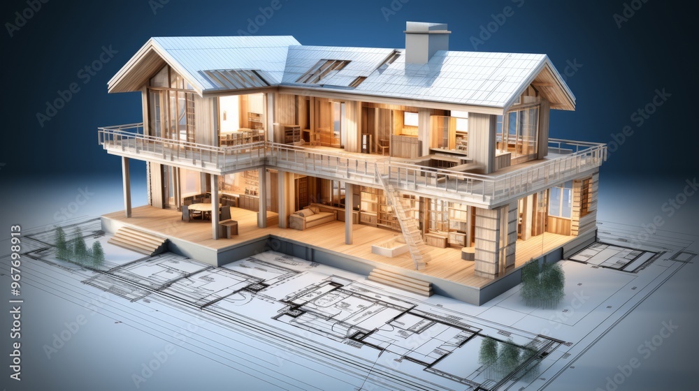 Poster vision of architecture of a 3d model house project with blueprint