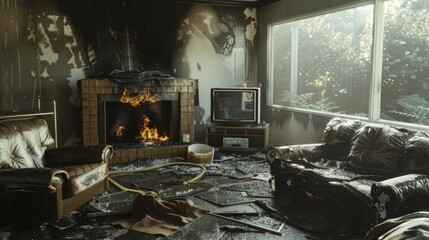 A charred living room with burnt furniture and soot-stained walls, revealing the aftermath of a devastating fire.