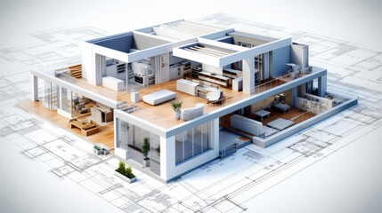 vision of architecture of a 3d model house project with blueprint