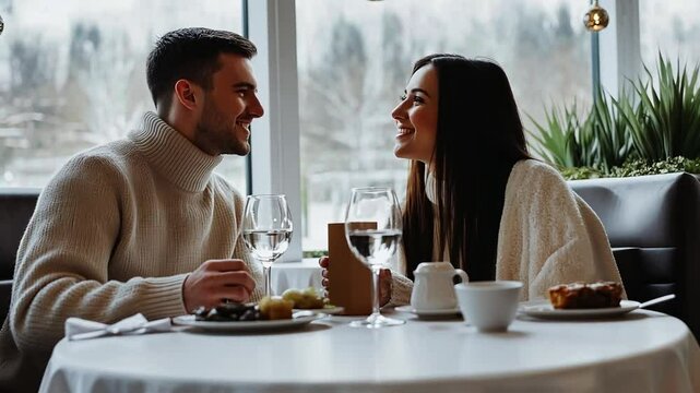 Caucasian Couple Enjoying a Romantic Dinner at a Cozy Spot Generative AI