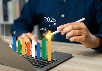 2025 financial strategy, Businessman analyzing profitability of working companies with digital...