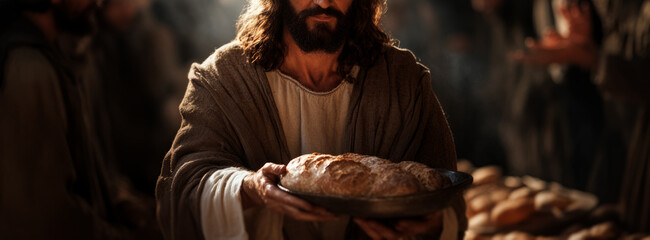 Jesus Christ smiling and holding a tray with bread in his hand, 