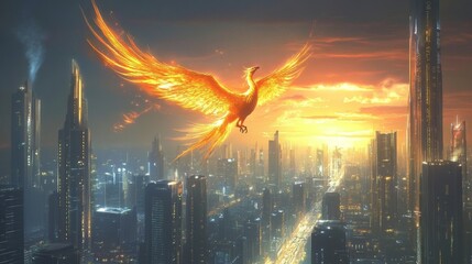 Fototapeta premium Phoenix Rising Over Modern Cityscape