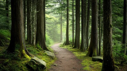Fototapeta premium A serene walking path through a lush forest with towering trees and vibrant greenery during early morning light