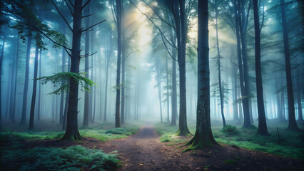 Fototapeta premium A mysterious forest filled with fog and shadows, mystery, unknown, eerie, uncertainty, discovery, darkness, spooky