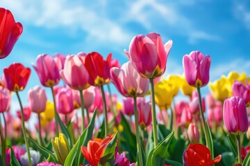 Obraz premium A vibrant field of colorful tulips under a bright blue sky, showcasing the beauty of spring and nature's vivid artistry.