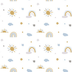 Vector seamless pattern. Cute Rainbow, Sun and Clouds on white background. Baby pattern on white background in boho style. EPS10 vector illustration