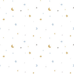 Seamless pattern with cute stars and moon. Background for babies. Vector seamless pattern of blue and gold stars and moons on a square white background. EPS 10