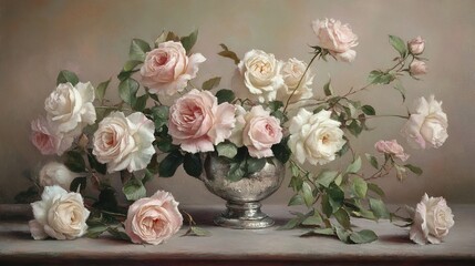 Delicate arrangement of pale pink and white roses in a silver vase on a wooden table set against a soft background