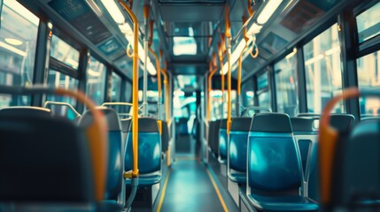 Obraz premium An empty city bus interior with rows of seats and handrails, creating a serene and somewhat lonely atmosphere.