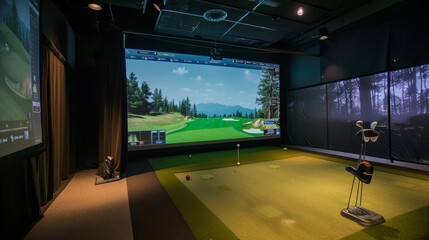 An indoor golf simulation room with high-tech equipment and lifelike graphics allows players to perfect their swing in a controlled environment.