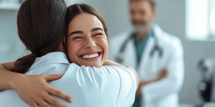 A happy joyful healthy patient hugs the doctor in the background of the clinic