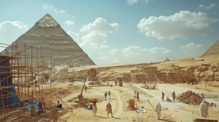Workers amidst extensive ruins and scaffolding near the pyramids of Giza, showcasing ancient construction efforts under a bright sky.