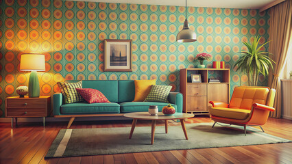 A vintage colorful living room with retro style decor , vintage, colorful, living room, retro,...