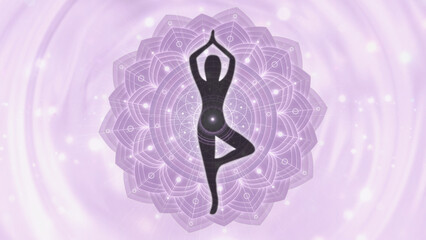 Illustration of Person Standing in Tree Position in front of a pink Mandala, Meditation Thumbnail, Cover Image