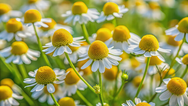 Close-up of Matricaria recutita (Matricaria chamomilla) flowers in bloom, Chamomile, Herbal, Botanical