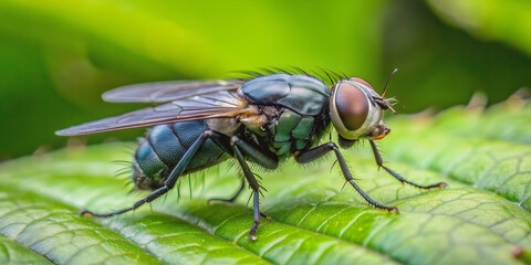 Naklejka premium Macro close-up of black fly resting on green leaf, black fly, insect, close-up, macro, green leaf, nature, wildlife, bug, small