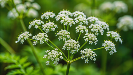 Fototapeta premium Deadly poison hemlock plant with small white flowers, toxic, poisonous, deadly, plant, Conium maculatum, hemlock, poison