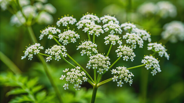 Deadly poison hemlock plant with small white flowers, toxic, poisonous, deadly, plant, Conium maculatum, hemlock, poison