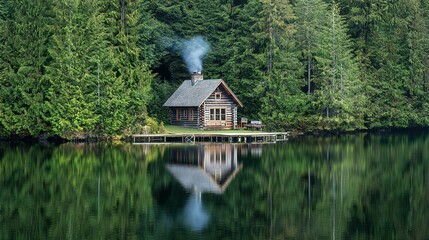 Obraz premium Charming log cabin surrounded by lush greenery reflecting in still lake water in a serene forest setting