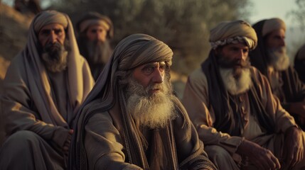 Fototapeta premium Group of elderly men in traditional attire, deep in thought, capturing a moment of quiet reflection within their community.