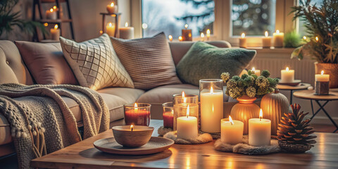 Cozy home ambience with candles creating a warm and inviting atmosphere , candles, home decor, cozy, comfort