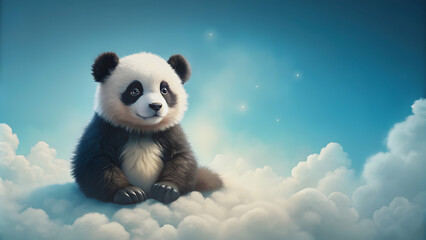 Fototapeta premium Little panda sitting peacefully on a fluffy cloud, panda, animal, cute, sitting, peaceful, fluffy, cloud, sky, dreamy