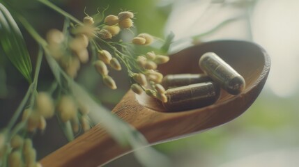 Capsules in a wooden spoon with herbs in the background, emphasizing natural health and supplements, showcasing a holistic approach to well-being.