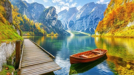 Obraz premium Tranquil autumn landscape with colorful trees near a clear lake and a wooden dock in the mountains during daytime