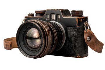 Close-up of a vintage-style black camera featuring a worn leather strap and a large lens. 
