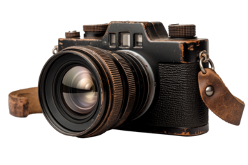 Close-up of a vintage-style black camera featuring a worn leather strap and a large lens. 